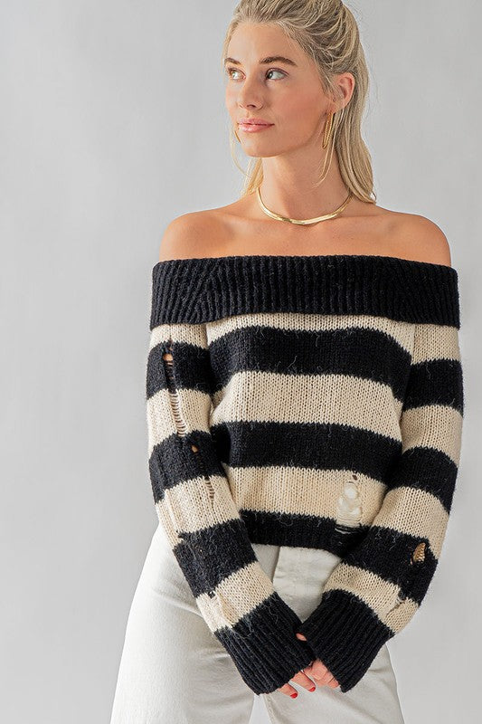 Off Shoulder Stripe Rip Sweater