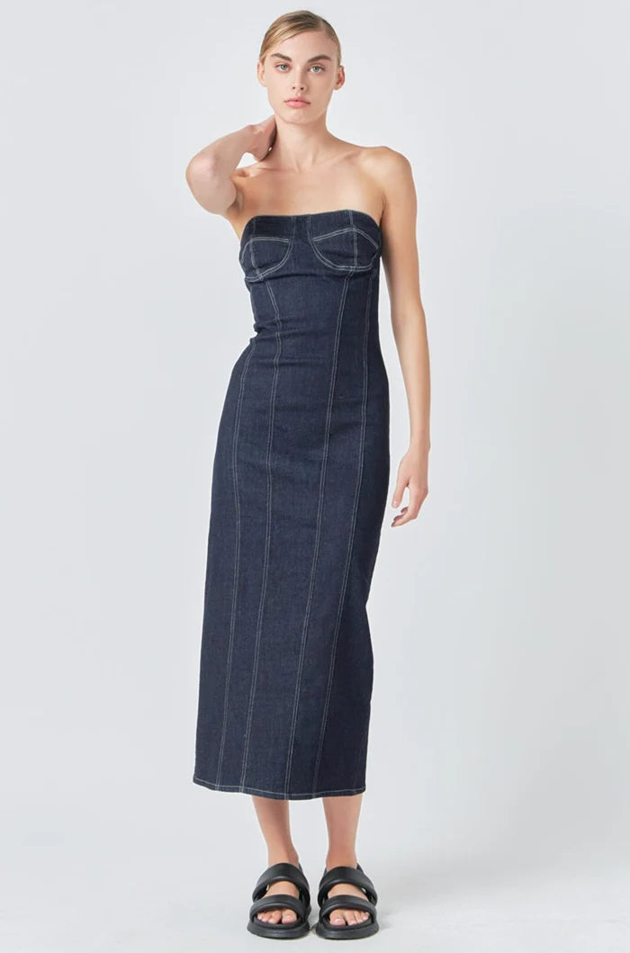 white christmas dresses Madrid Strapless Midi Fitted Denim Dress Light Denim / Large main image 0