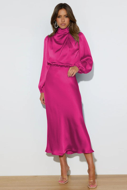 High Neck Satin Midi Dress (2 Color Ways)