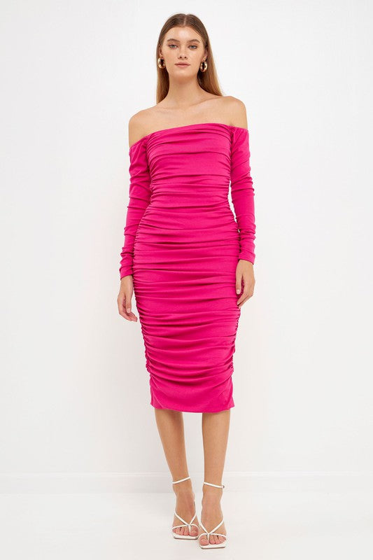 Fuchsia Ruched Midi Dress v o g l i o Fuchsia Ruched Midi Dress v o g l i o