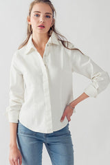 Denim Collared Button Down Top (Denim, Off White)