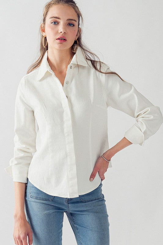Denim Collared Button Down Top (Denim, Off White)