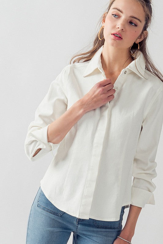 Denim Collared Button Down Top (Denim, Off White)