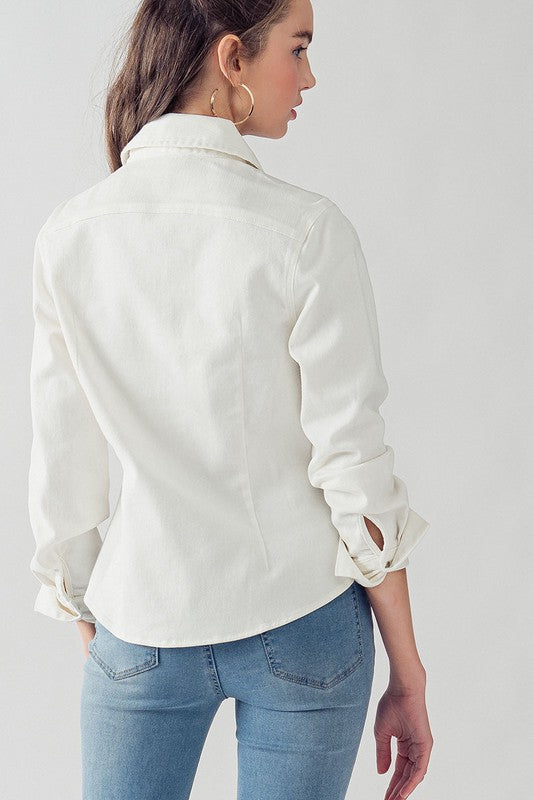 Denim Collared Button Down Top (Denim, Off White)