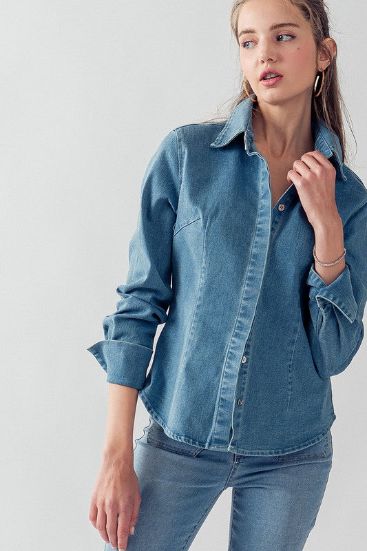 Denim Collared Button Down Top (Denim, Off White)