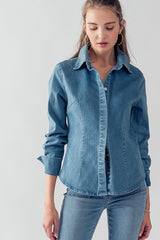 Denim Collared Button Down Top (Denim, Off White)