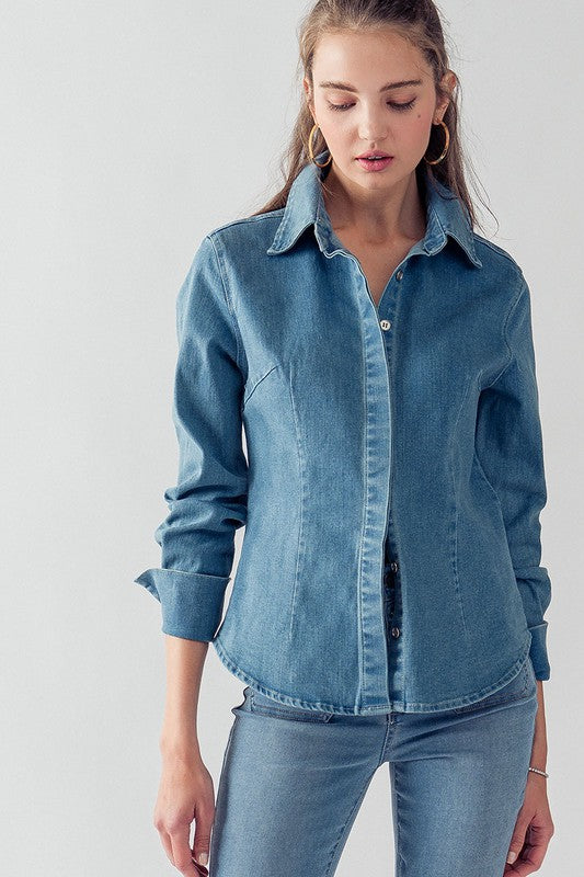 Denim Collared Button Down Top (Denim, Off White)