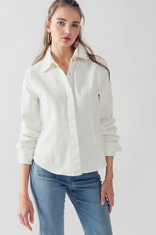 Denim Collared Button Down Top (Denim, Off White)