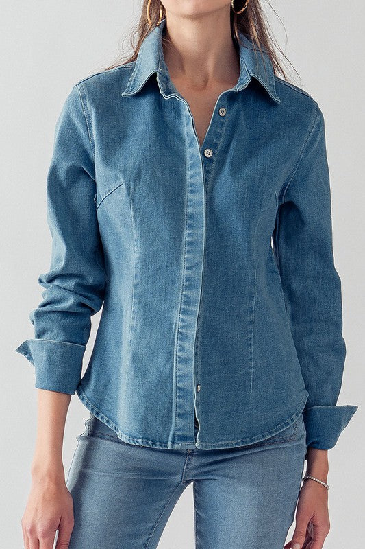 Denim Collared Button Down Top (Denim, Off White)
