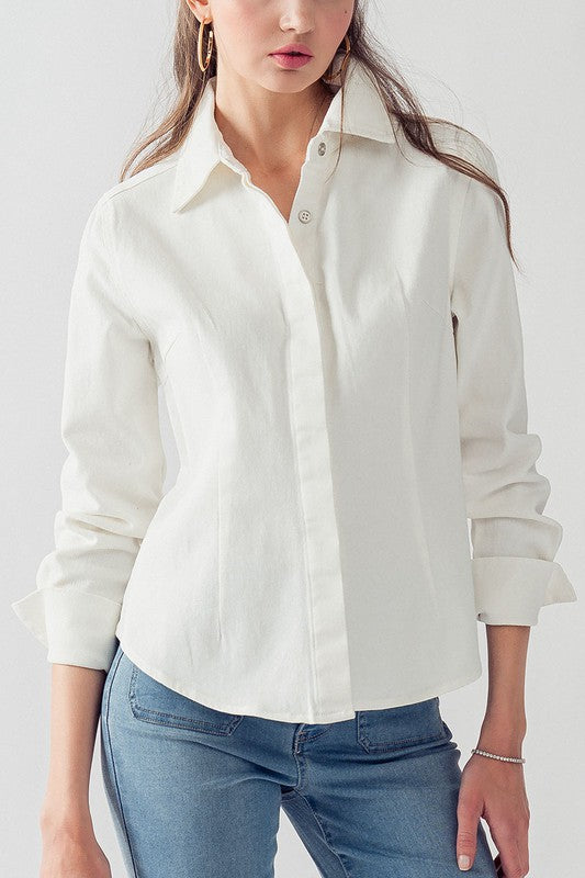 Denim Collared Button Down Top (Denim, Off White)