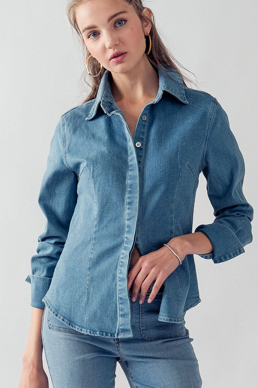 Denim Collared Button Down Top (Denim, Off White)