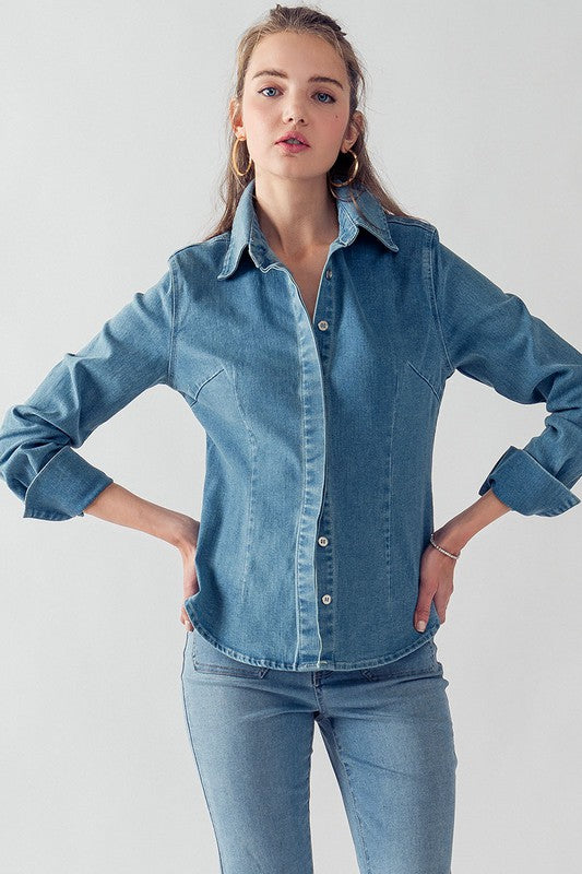 Denim Collared Button Down Top (Denim, Off White)