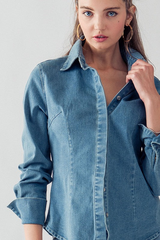Denim Collared Button Down Top (Denim, Off White)