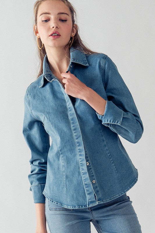 Denim Collared Button Down Top (Denim, Off White)