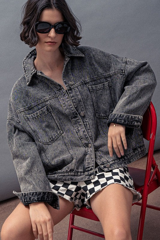 ジャケット・アウター vintage/oversize denim jacket Women's Oversized Denim Jacket Distressed Lapel Collar
