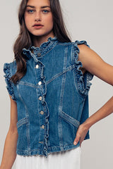 Ruffle Trim Sleeveless Denim Jacket