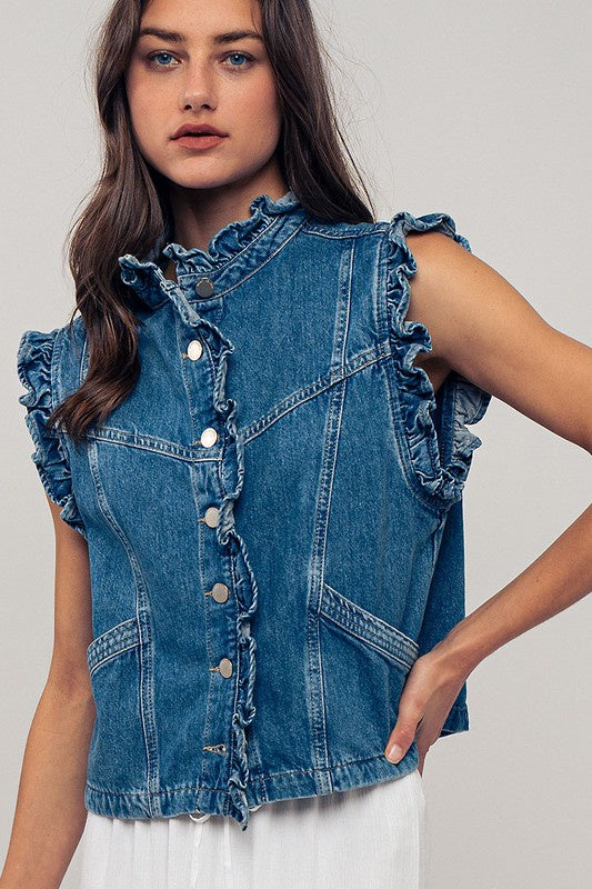 Ruffle Trim Sleeveless Denim Jacket