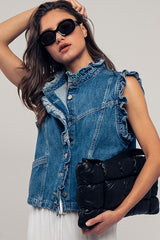 Ruffle Trim Sleeveless Denim Jacket