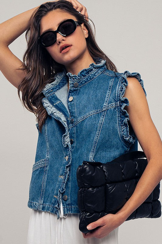 Ruffle Trim Sleeveless Denim Jacket