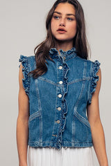 Ruffle Trim Sleeveless Denim Jacket