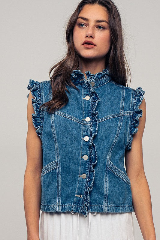 Ruffle Trim Sleeveless Denim Jacket