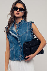Ruffle Trim Sleeveless Denim Jacket