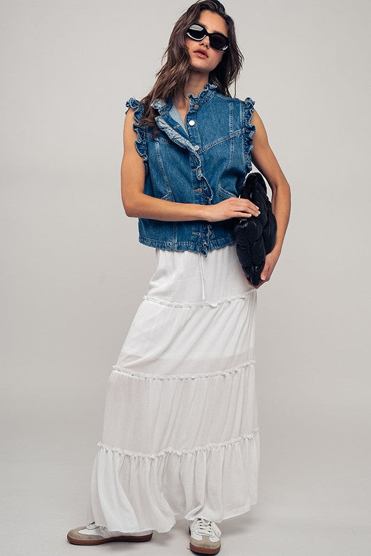 Ruffle Trim Sleeveless Denim Jacket