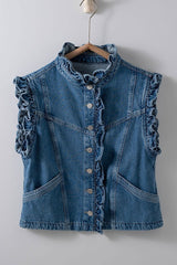 Ruffle Trim Sleeveless Denim Jacket