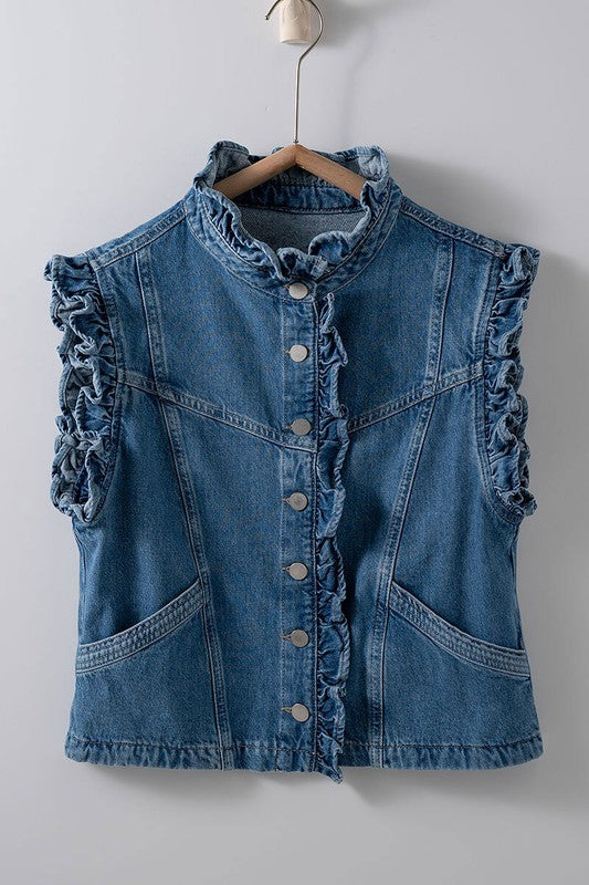 Ruffle Trim Sleeveless Denim Jacket