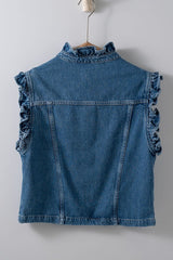 Ruffle Trim Sleeveless Denim Jacket