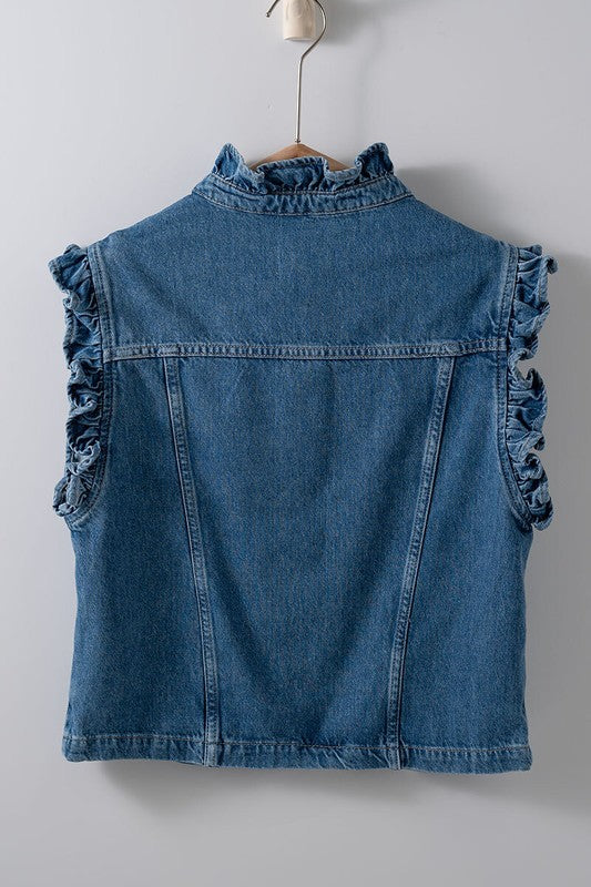 Ruffle Trim Sleeveless Denim Jacket