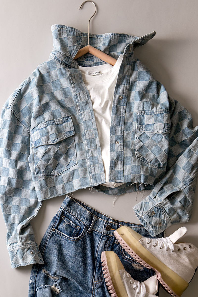 Checkerboard Print Denim Jacket