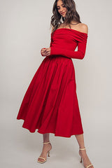 Off-Shoulder Ruched Red Midi Dress