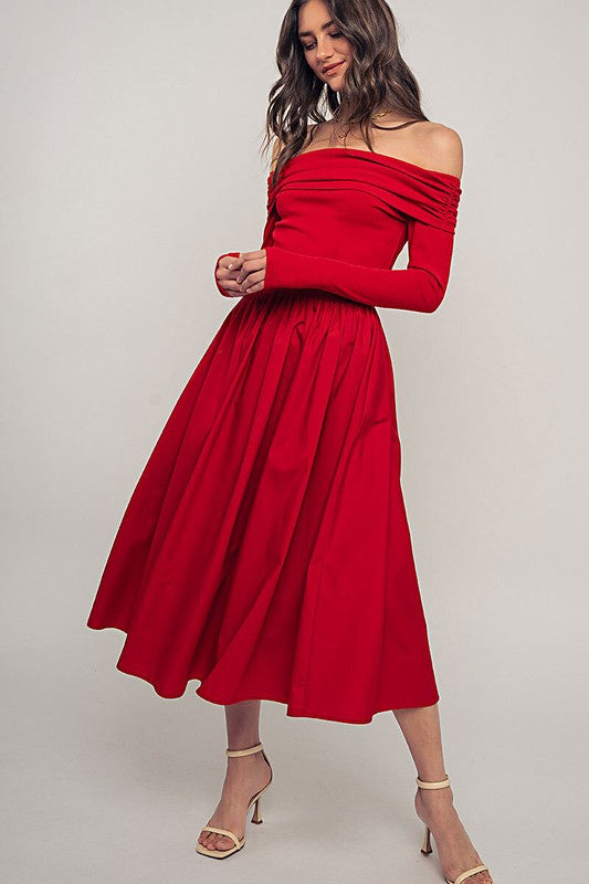 Off-Shoulder Ruched Red Midi Dress