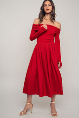 Off-Shoulder Ruched Red Midi Dress