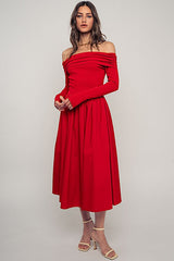Off-Shoulder Ruched Red Midi Dress