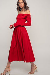 Off-Shoulder Ruched Red Midi Dress