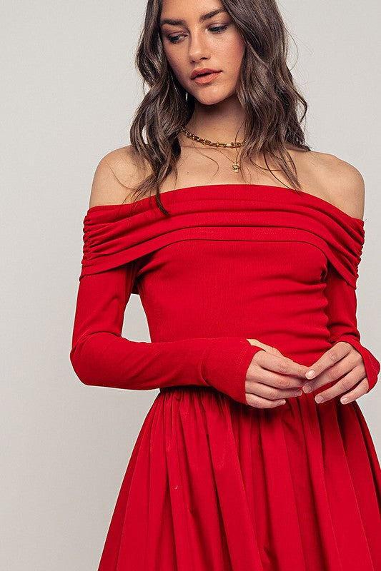 open lace back dress Jarlo's Greer Off Shoulder Midi Dress with Drape Detail Red – Jarlo London main image 0