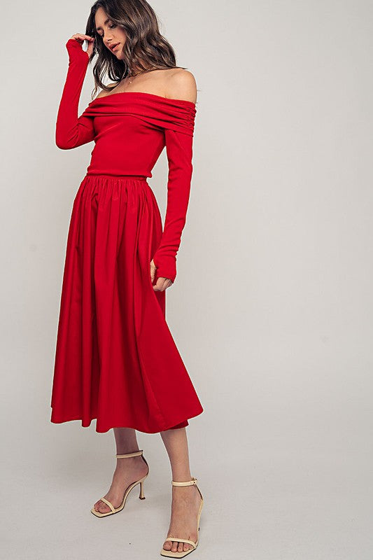 Off-Shoulder Ruched Red Midi Dress