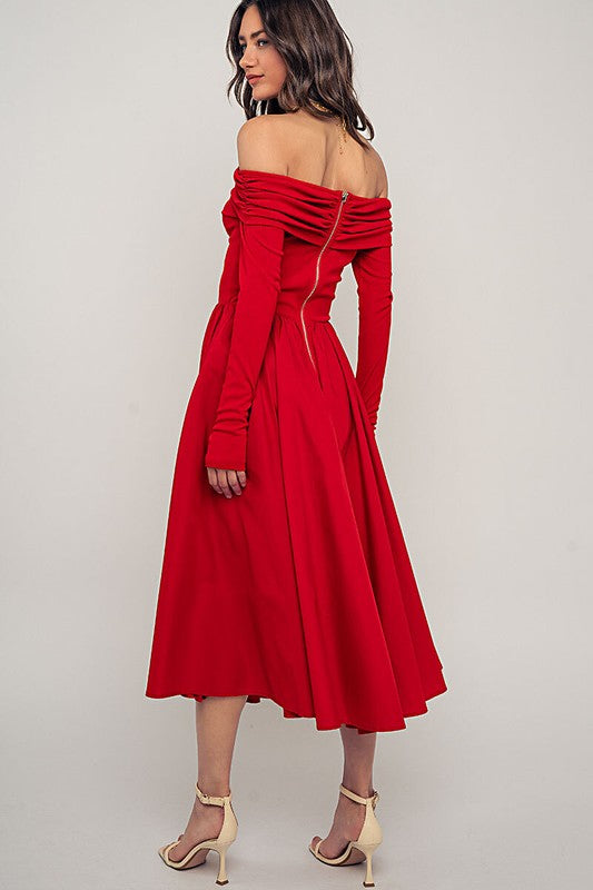 Off-Shoulder Ruched Red Midi Dress