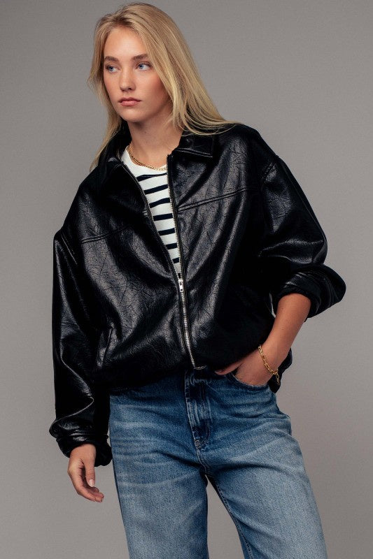 Oversized Faux Leather Zip Jacket