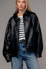 Oversized Faux Leather Zip Jacket