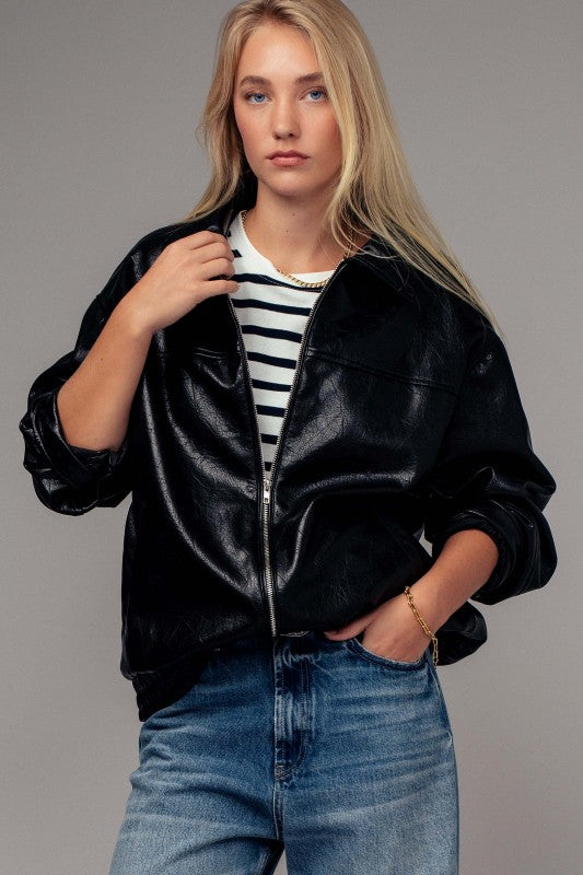 Oversized Faux Leather Zip Jacket