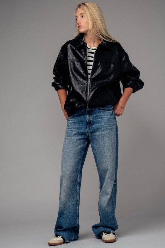 Oversized Faux Leather Zip Jacket