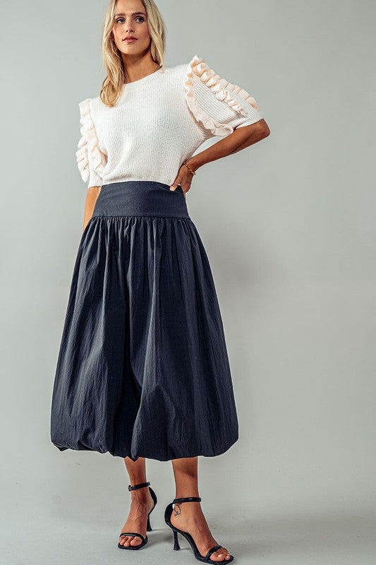 Thick Waistband Balloon Midi Skirt
