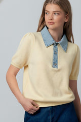 Denim Collar Knit Polo Top (2 Color Ways)