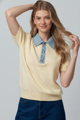 Denim Collar Knit Polo Top (2 Color Ways)