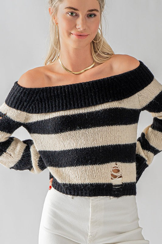 Off Shoulder Stripe Rip Sweater