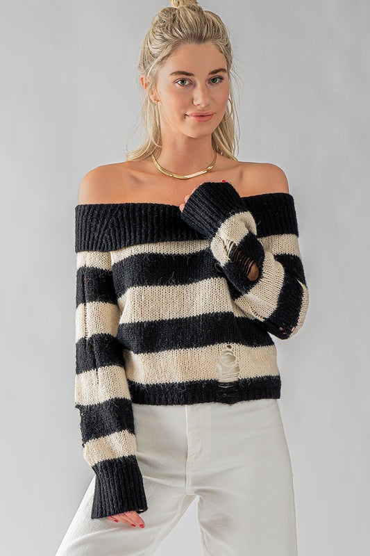 Off Shoulder Stripe Rip Sweater