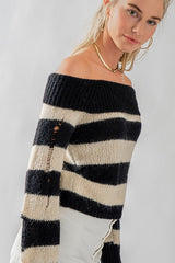 Off Shoulder Stripe Rip Sweater
